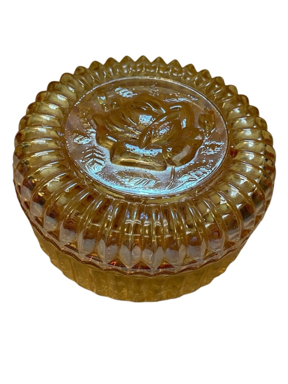 Vintage Jeanette Carnival Glass Candy Dish Iridescent Marigold Rose Pattern Lid